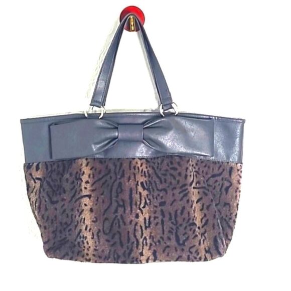 Handbags - Furry Leopard Print & Gray Faux Leather Large Handbag or Tote with Big Gray Bow